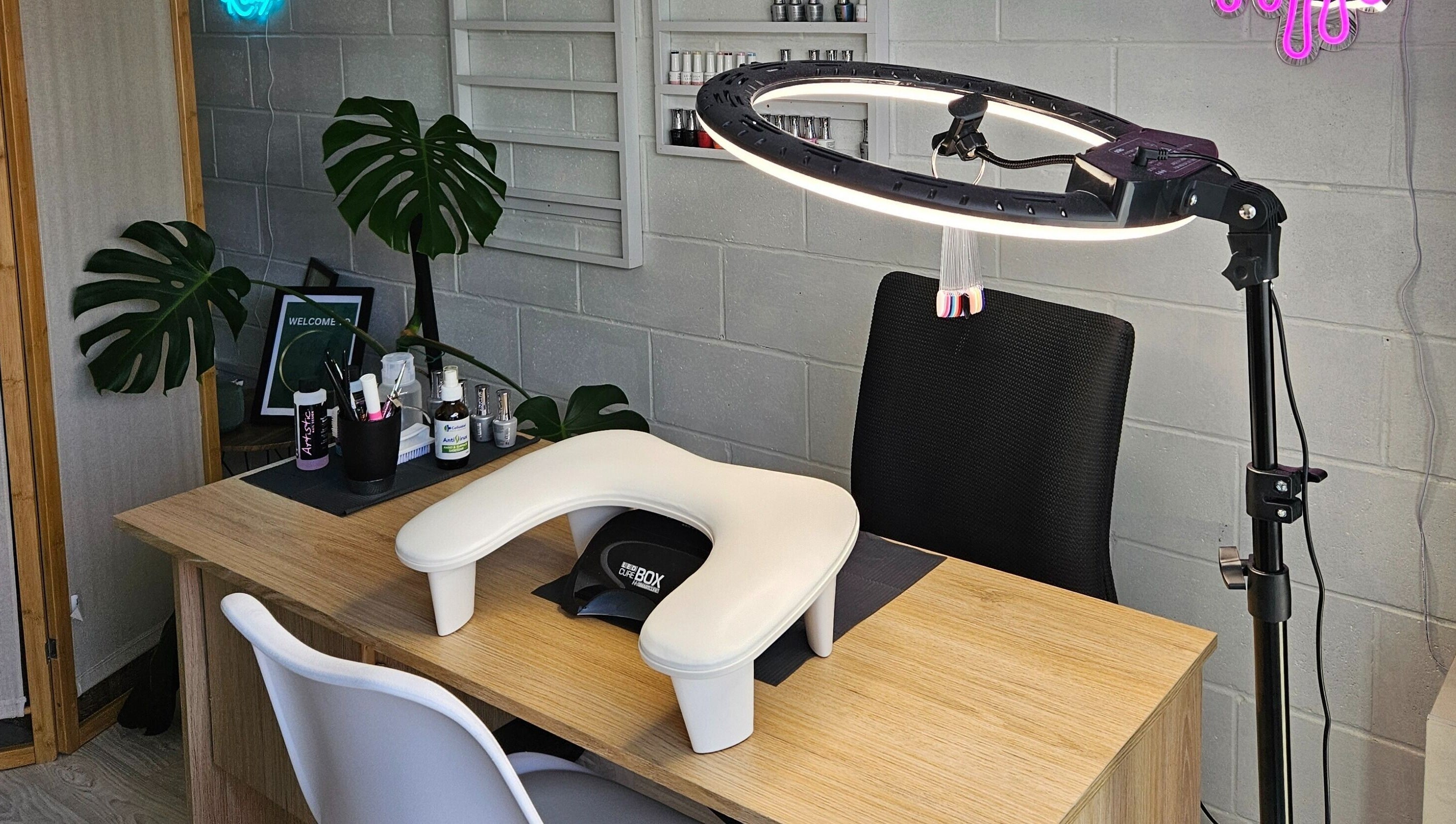 Whisk Beauty nail care station in Blenheim, Marlborough, NZ with manicure tools and ring light.