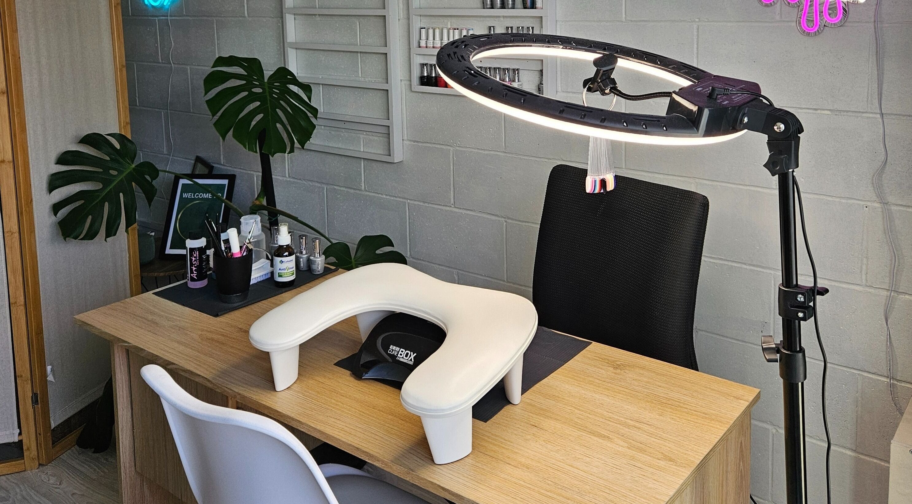 Whisk Beauty nail care station in Blenheim, Marlborough, NZ with manicure tools and ring light.