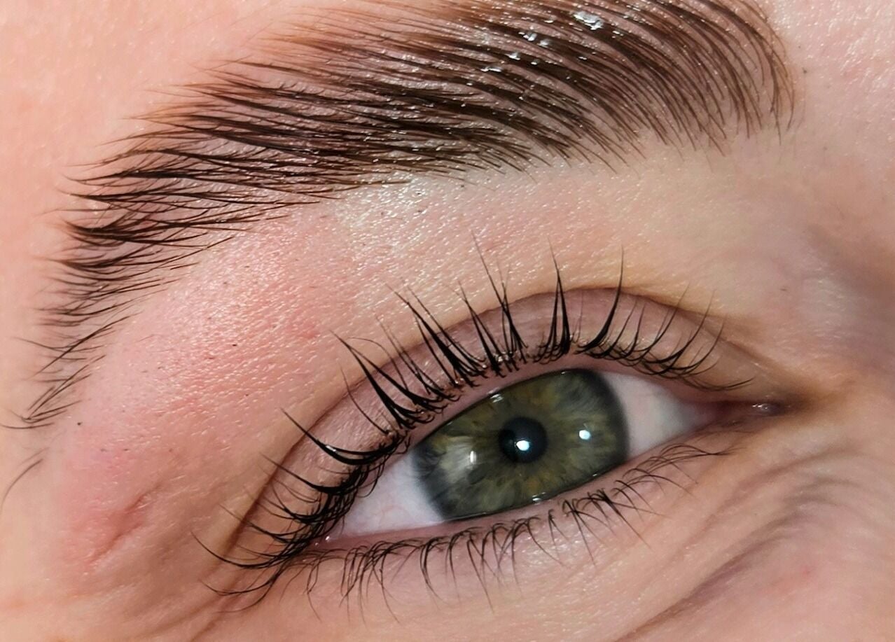 Close-up of perfectly groomed eyebrow and eyelashes at Whisk Beauty, Blenheim, Marlborough, NZ.