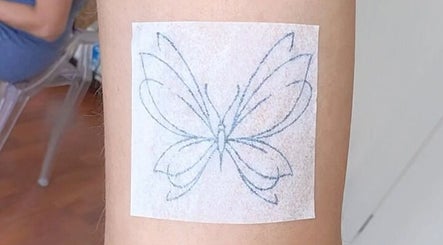 Butterfly tattoo stencil on skin at Thi Aim, Richmond, South Australia, AU. Modern tattoo art in progress.