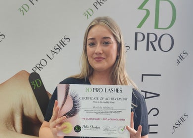 Graduate holding certificate at 3D PRO LASHES ACADEMY, Bournemouth, England, GB.