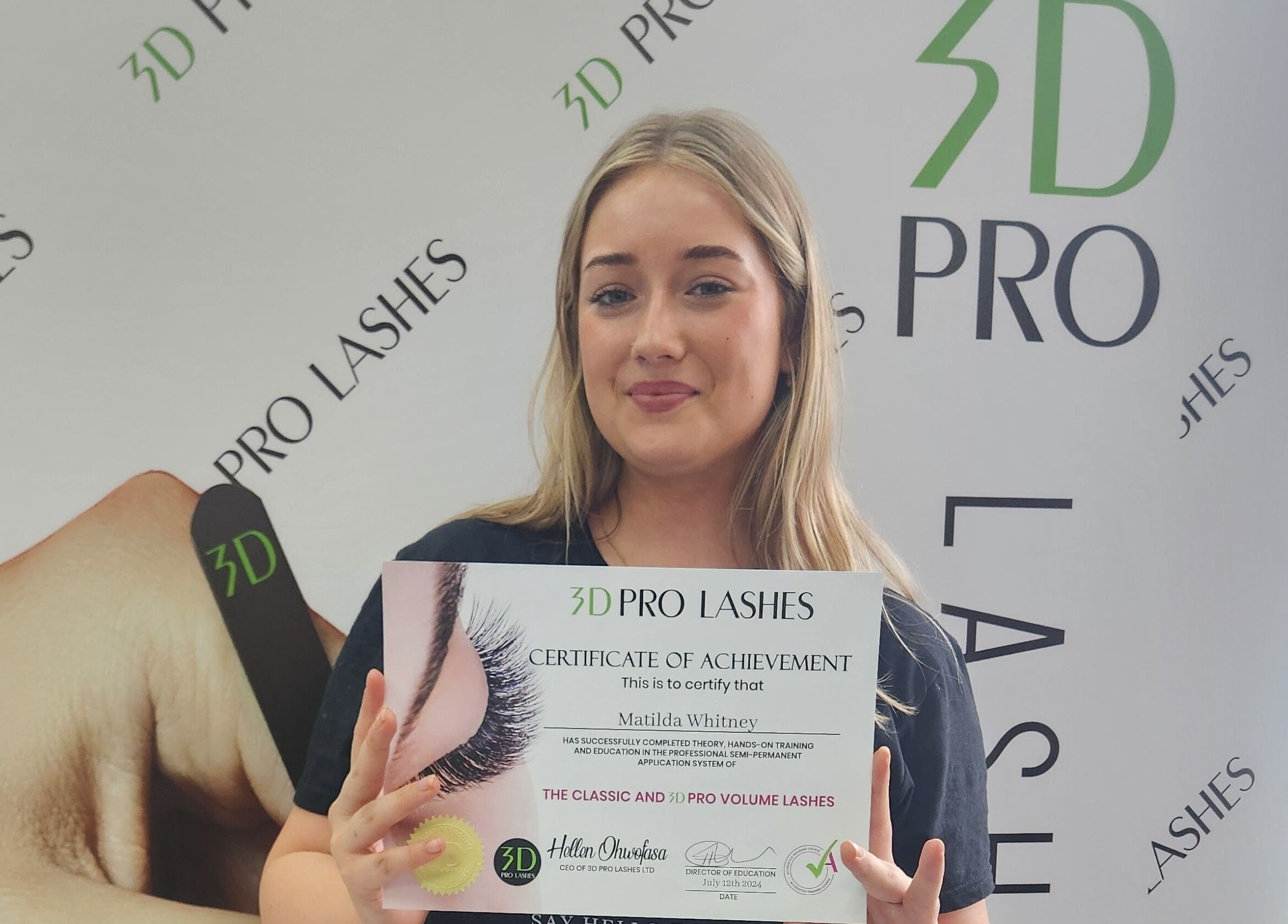 Student proudly displays certificate at 3D PRO LASHES ACADEMY in Bournemouth, England, GB.