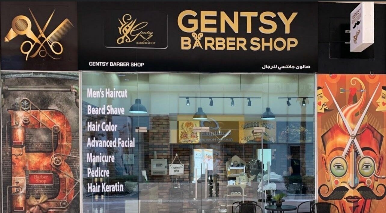 Gentsy Barber Shop facade in Dubai, AE showcases modern design offering haircuts and grooming services.