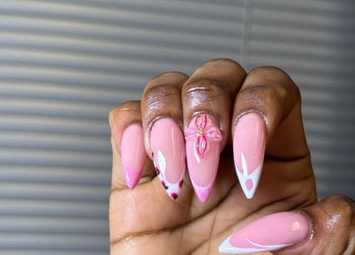 Elegant pink and white nail art with floral design at Niceglamebynicole, Randburg, ZA.