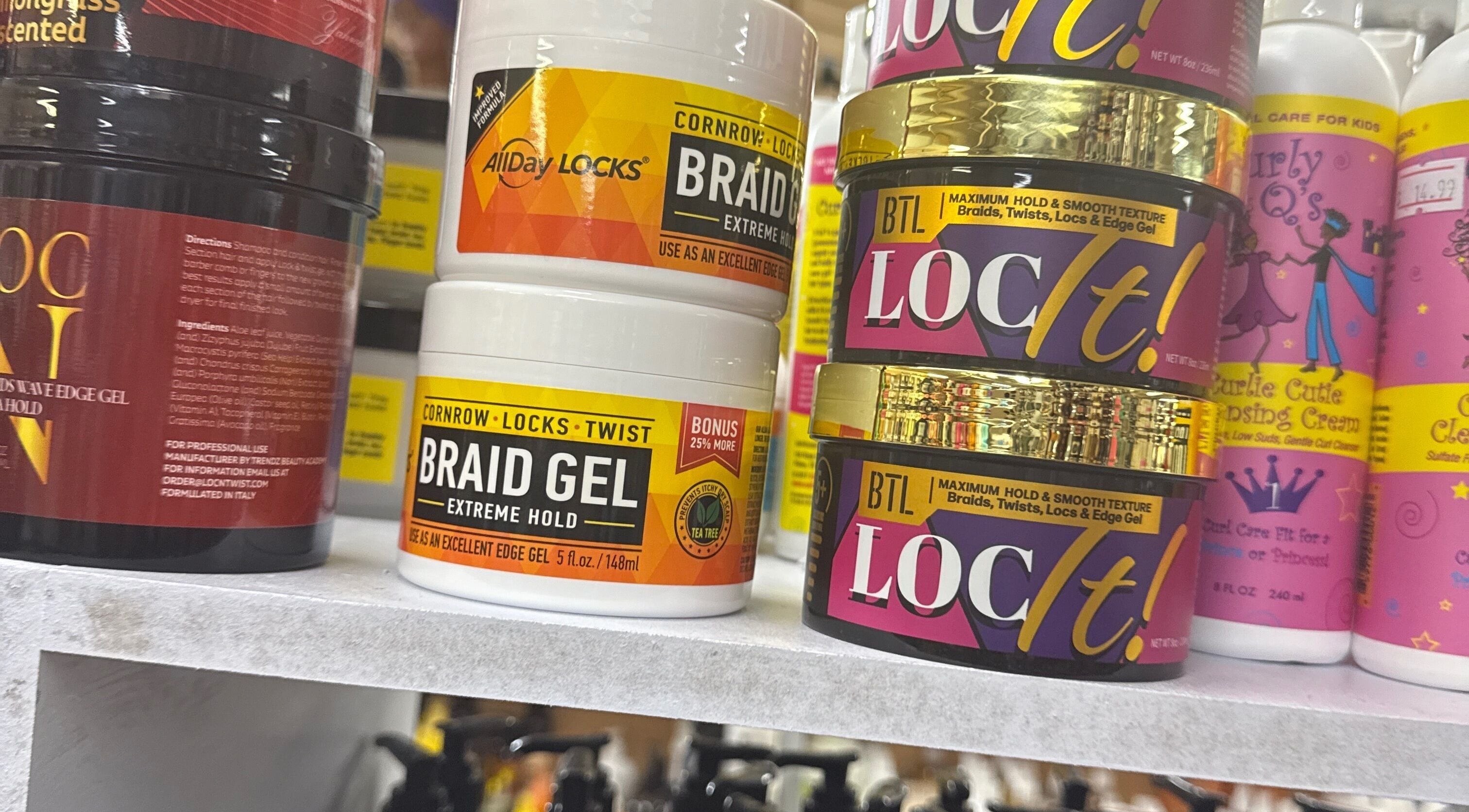 Hair care products including braid gel at Mandy’s Beauty Supplies, Toronto, Ontario, CA.