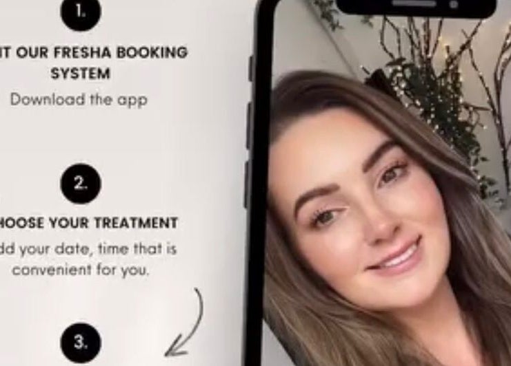 Lj Skin & Aesthetics Clinic booking instructions on a phone screen at Oswestry, England, GB.