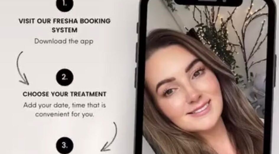 Lj Skin & Aesthetics Clinic booking instructions on a phone screen at Oswestry, England, GB.