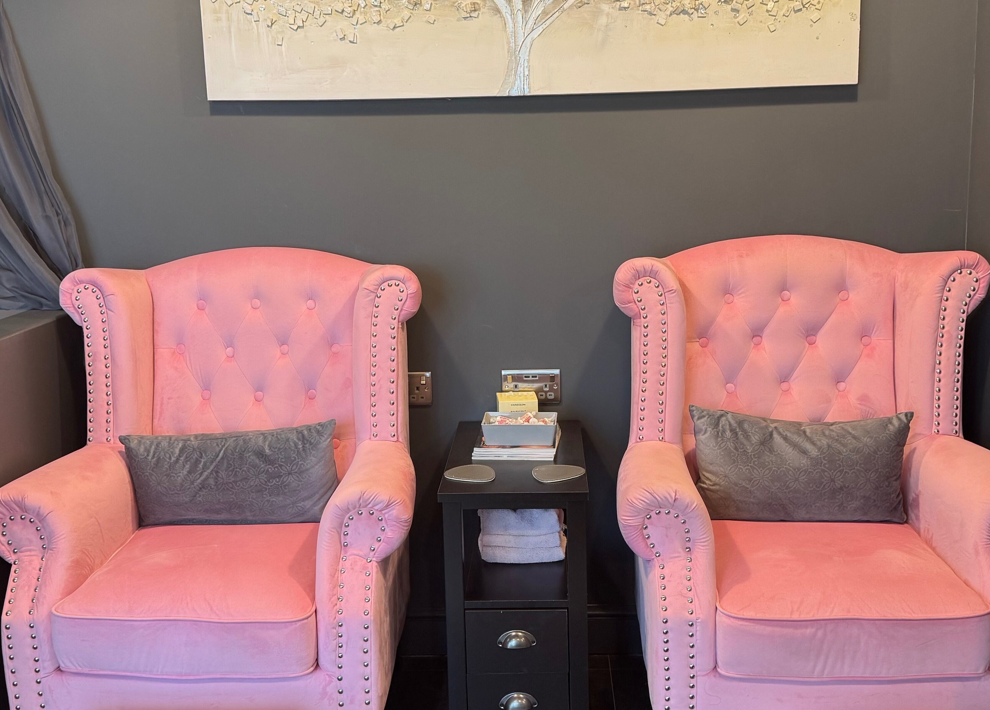 Luxurious pink chairs in Serenity on Priors & Serenity Beauty lounge, Weldon Corby, England, GB.