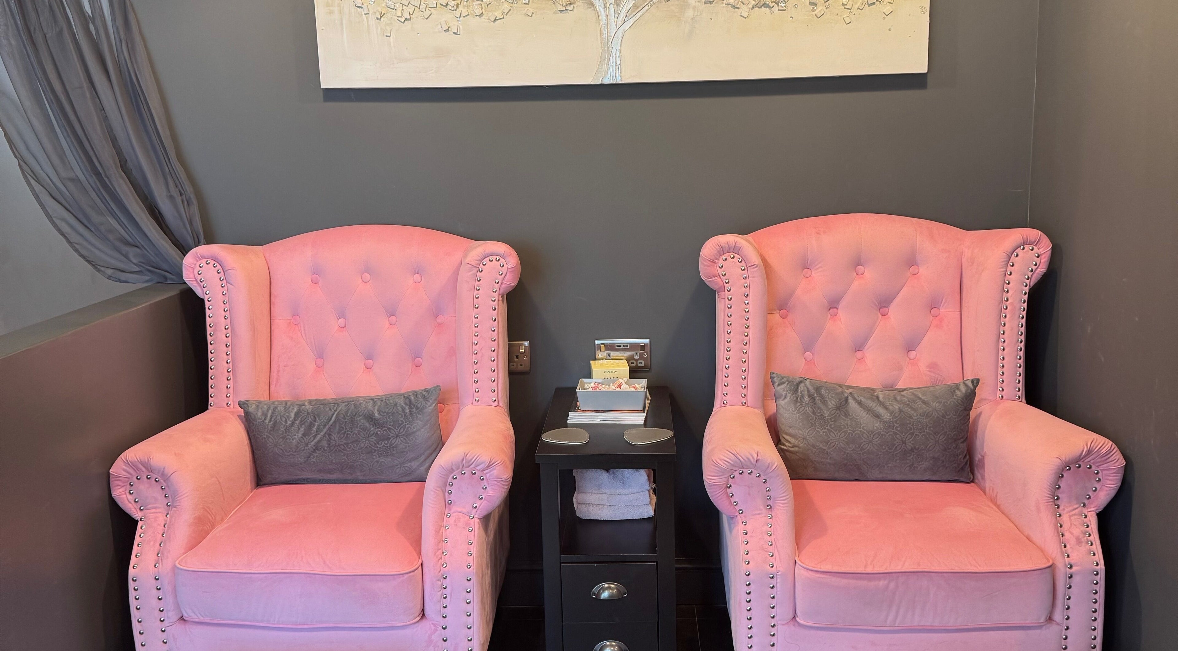 Luxurious pink chairs in Serenity on Priors & Serenity Beauty lounge, Weldon Corby, England, GB.