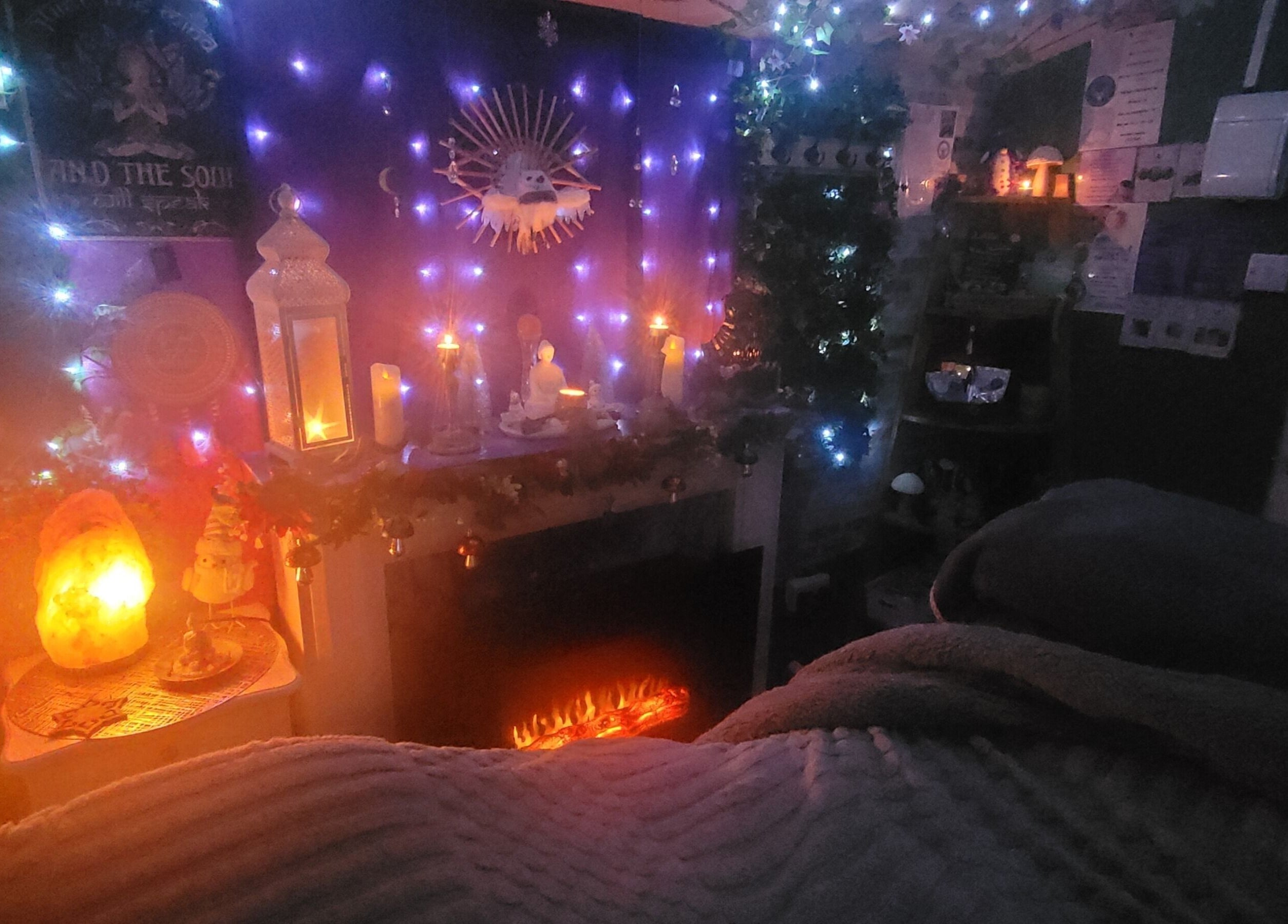 Warm, ambient therapy room at Magical Owl Holistic Therapy in Ash Nr Canterbury, England, GB with glowing candles.