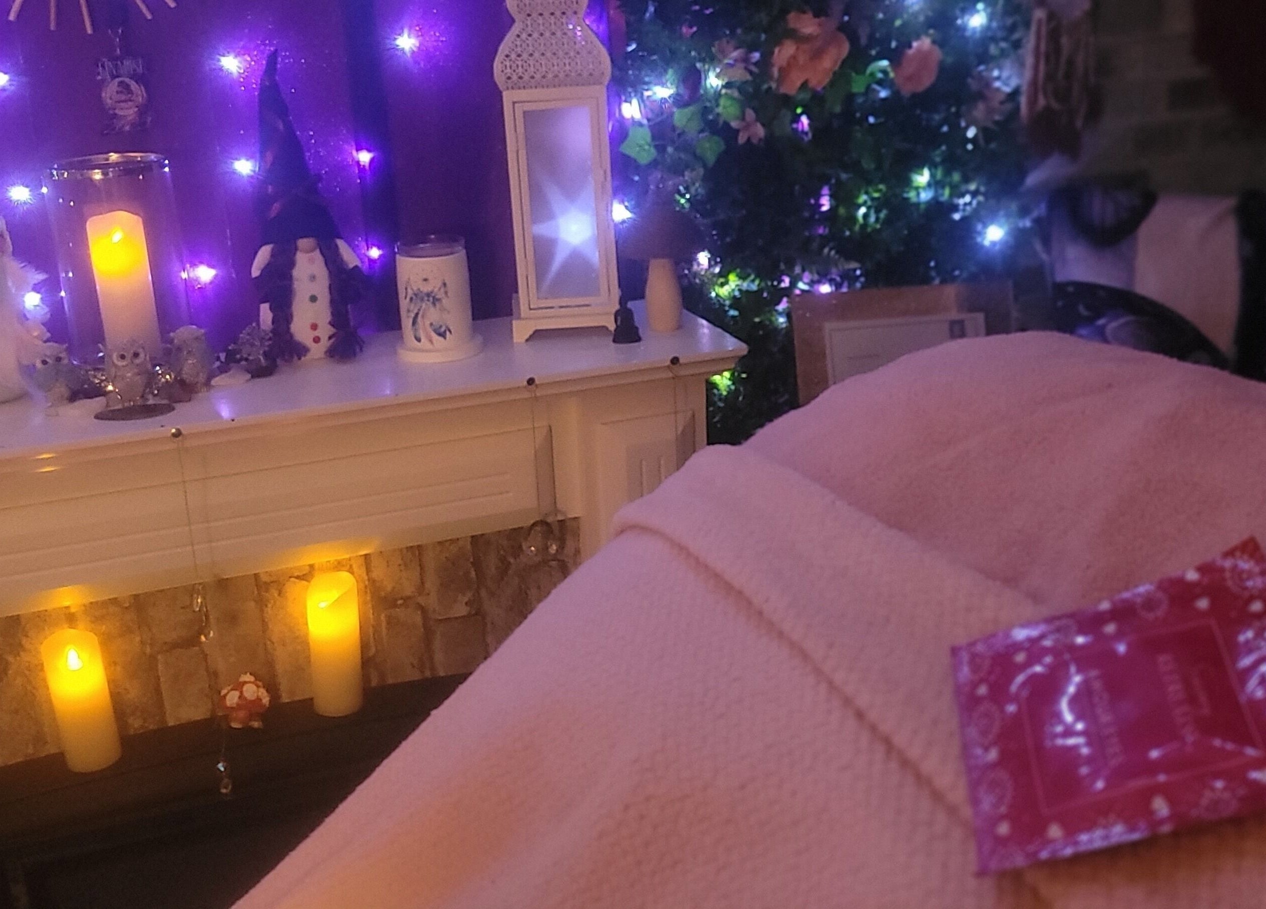 Warm candlelit therapy room at Magical Owl Holistic Therapy, Ash Nr Canterbury, England, GB.