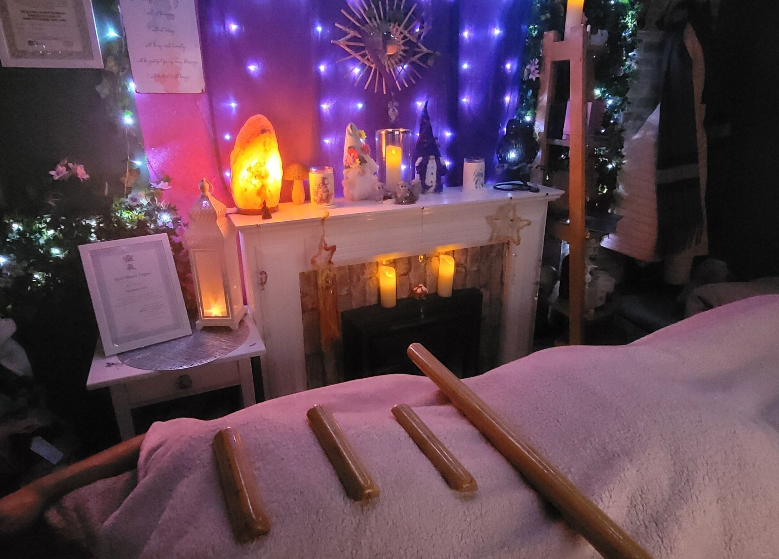 Relaxing therapy room at Magical Owl Holistic Therapy, Ash Nr Canterbury, England, with soothing lights and decor.