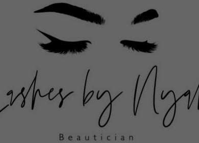 Lashes By Nyah logo with stylized eyebrow and lashes, located in Rugby, England, GB.
