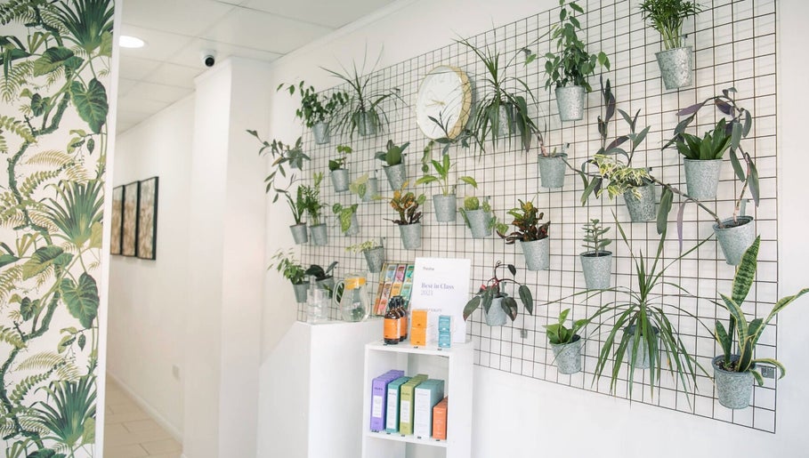 Green plants on a decorative wall at Wild Beauty in London, England, GB, enhancing a serene wellness ambiance.