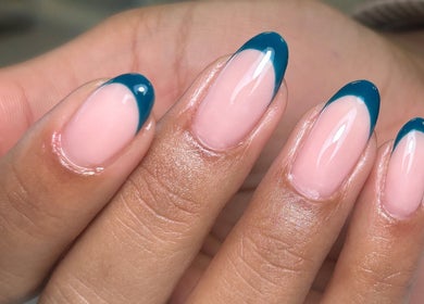 Elegant nails with blue French tips at Thegellab, Wath Upon Dearne, England, GB.