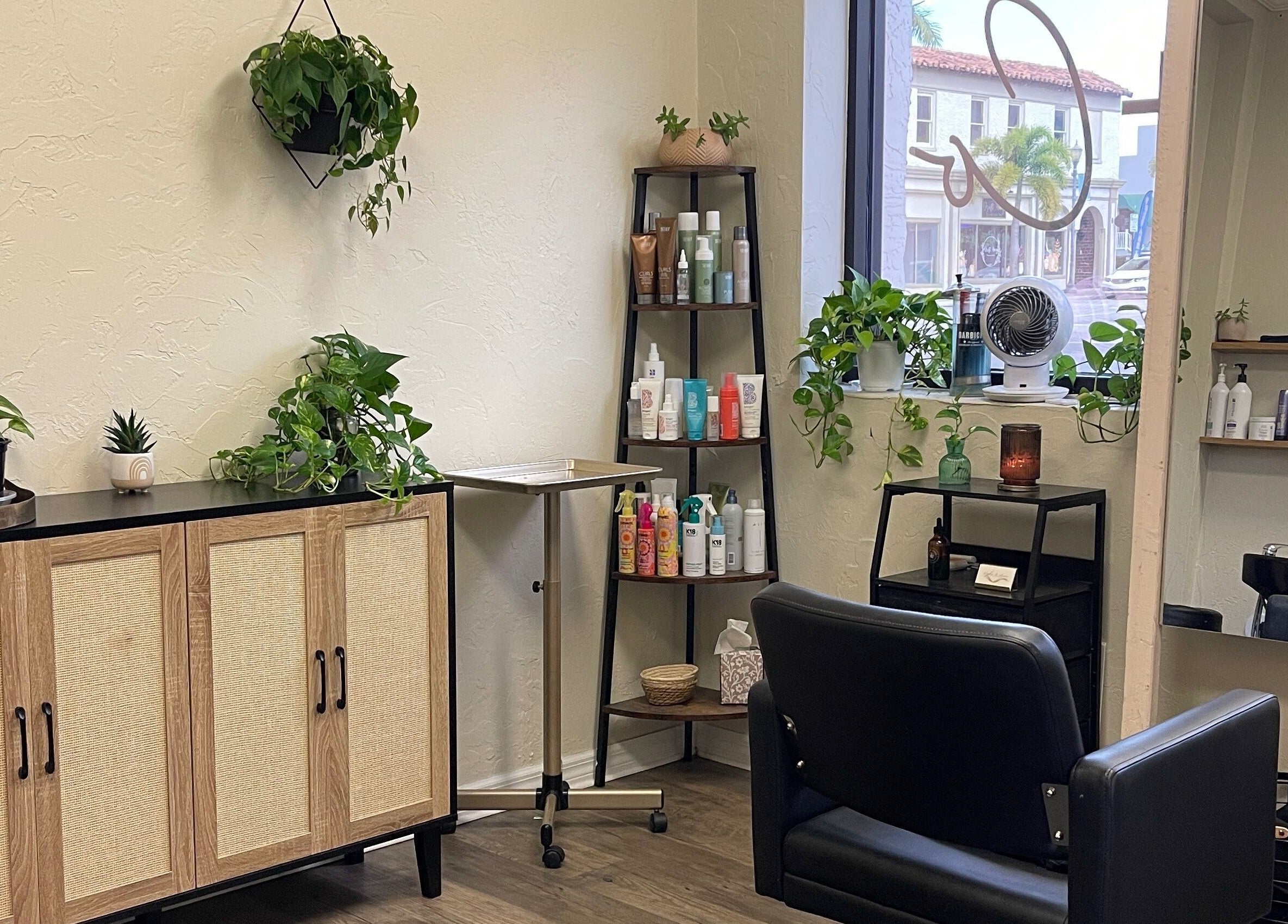 Cozy interior of Highs & Lows Hair Studio, Fort Pierce, Florida, US with plants and styling products.