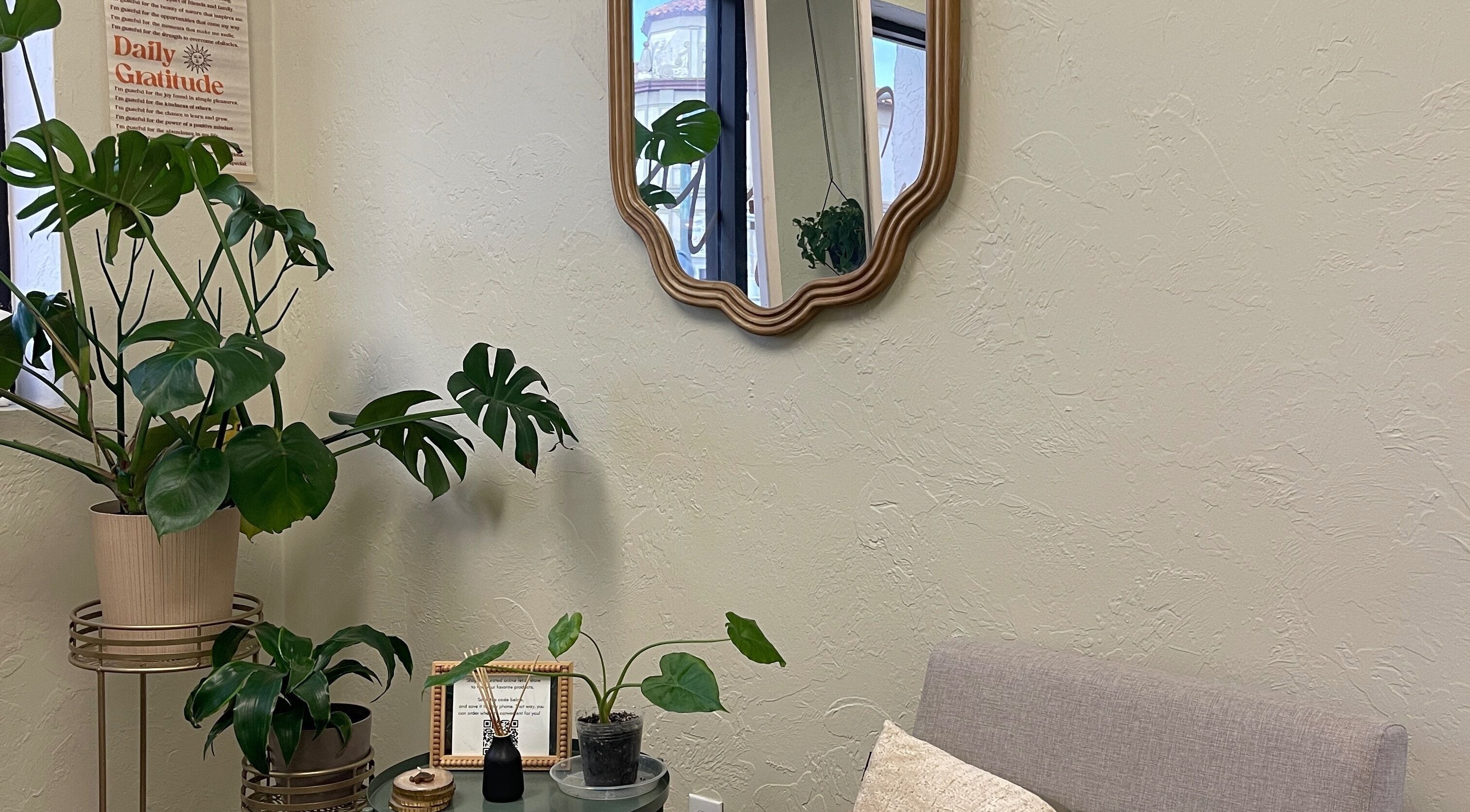 Relaxing plant-filled corner at Highs & Lows Hair Studio in Fort Pierce, Florida, US.