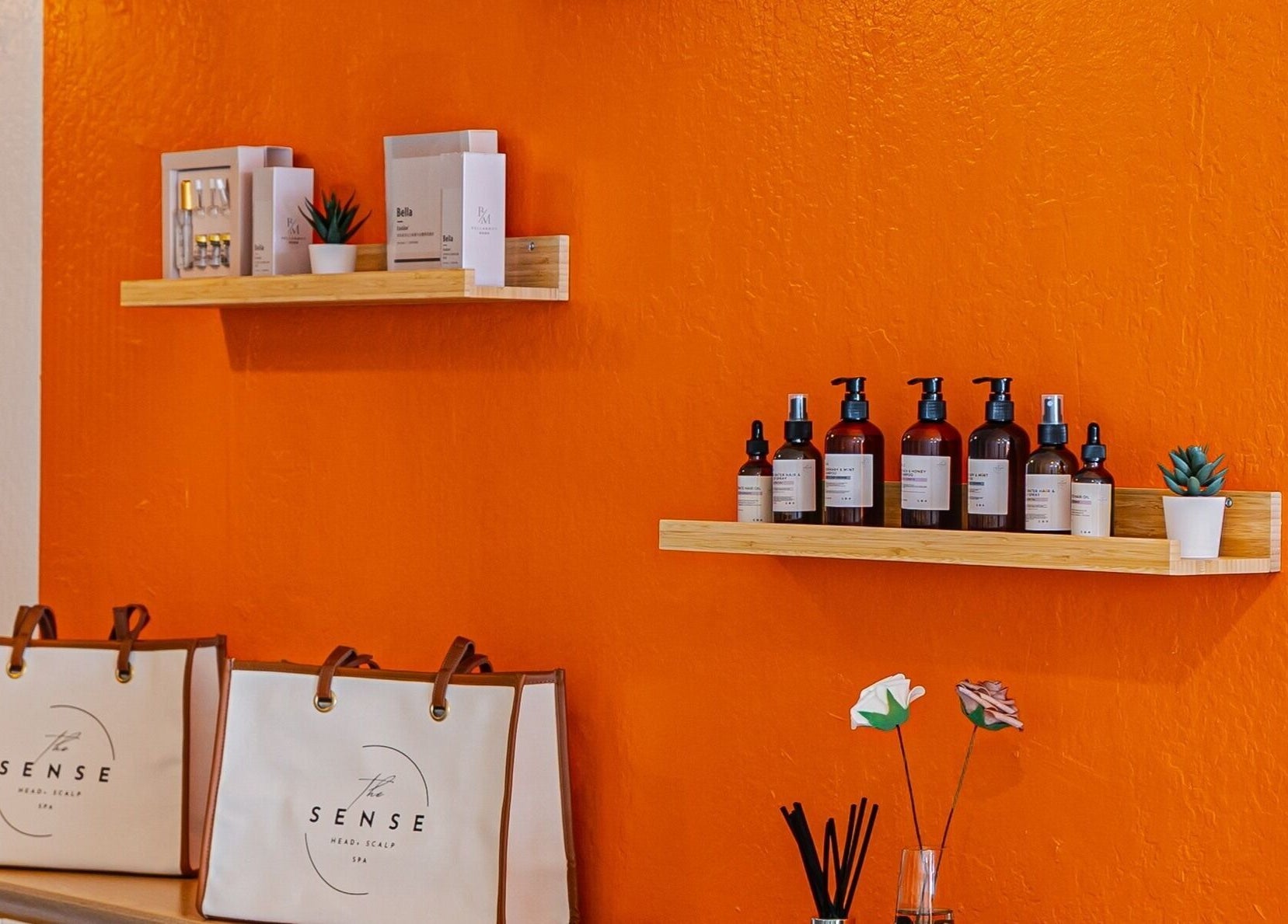 Products displayed at The Sense Head + Scalp Spa-South San Jose, San Jose, California, US.