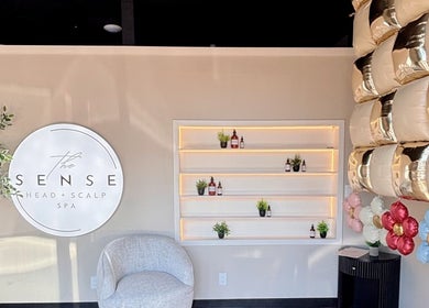 Reception area of The Sense Head + Scalp Spa-Mountain View with elegant decor in Mountain View, California, US.