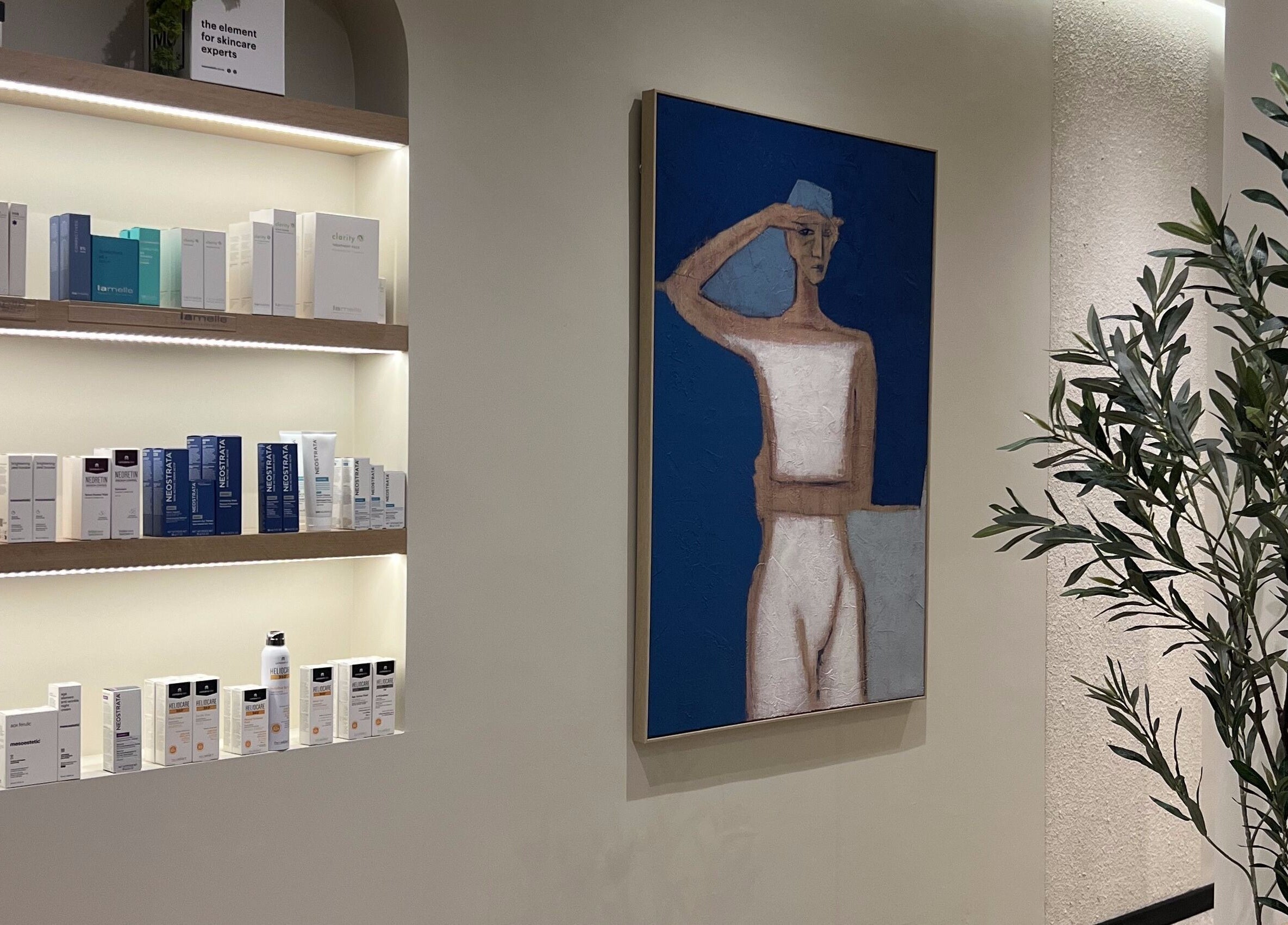 Elegant shelf with skincare products at Hermanos Aesthetics, Cape Town, Western Cape, ZA.