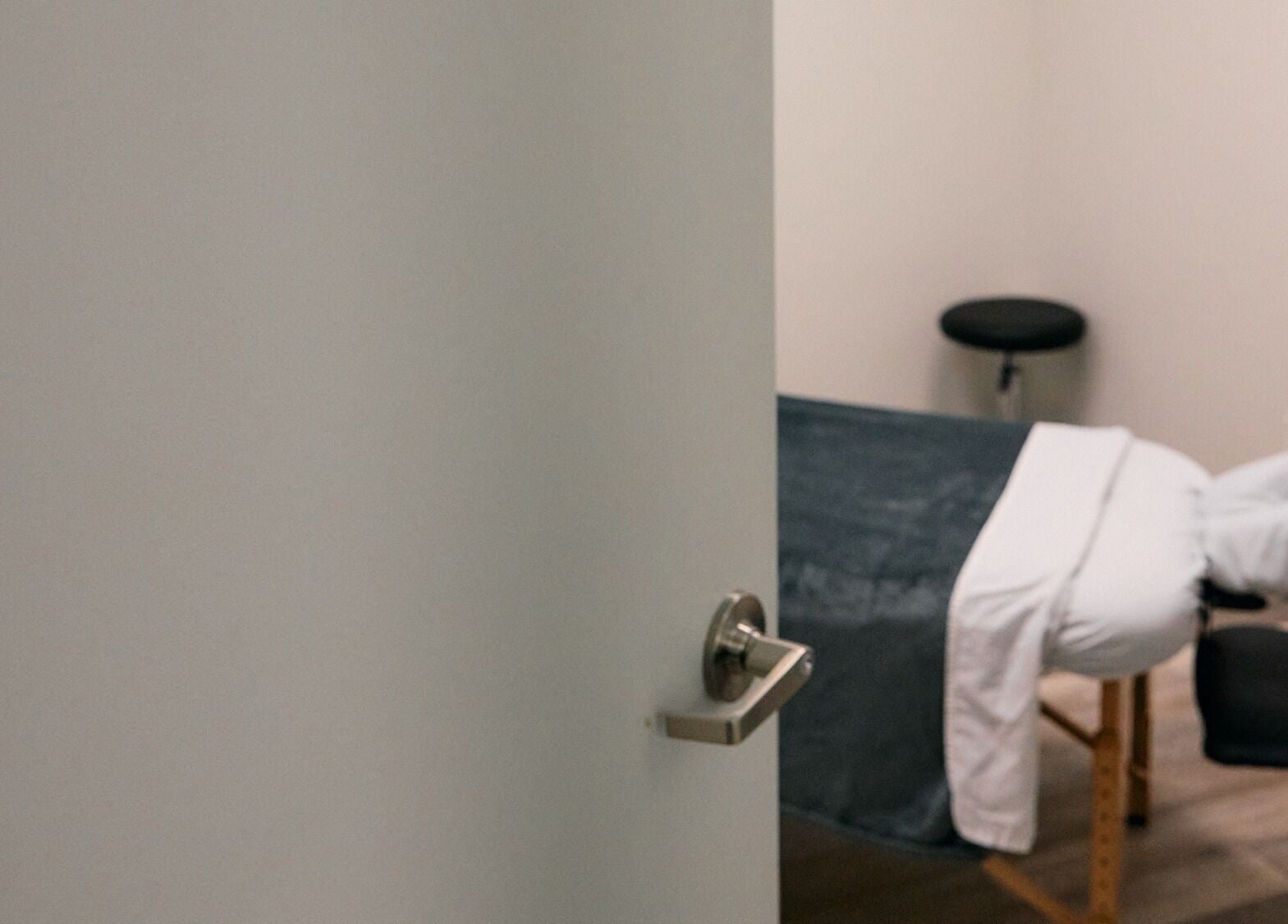 Massage room at Salt and Stone Massage Therapy in Saskatoon, Saskatchewan, CA with a comfy massage table.