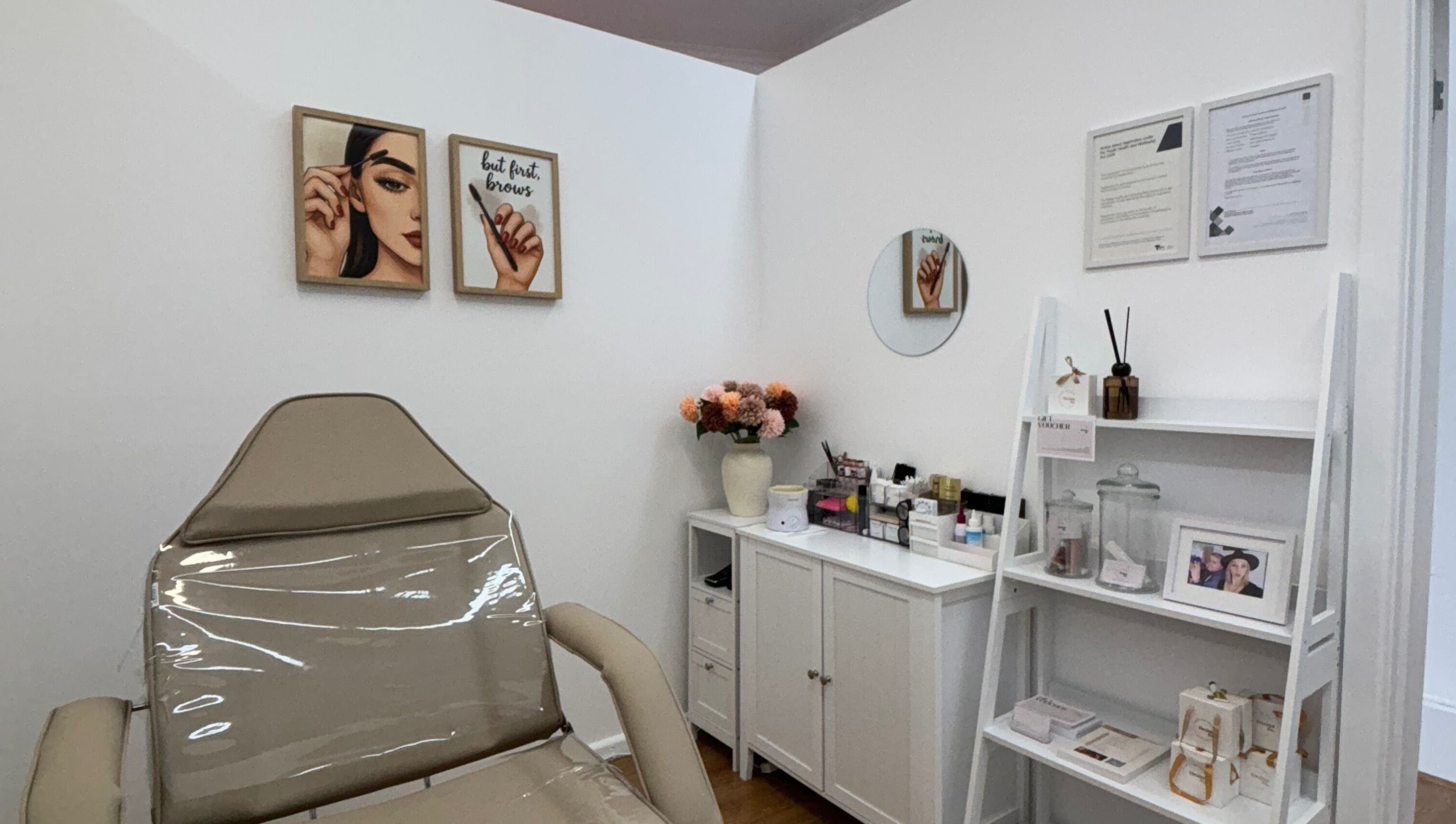 Modern brow treatment room at The Brow Design Co in Bentleigh East, Victoria, AU, with sleek décor and soft colors.