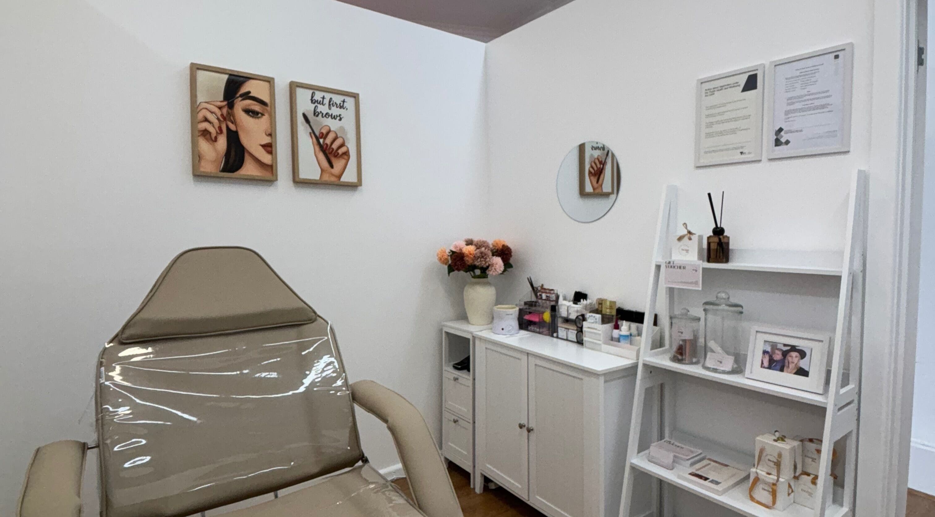 Modern brow treatment room at The Brow Design Co in Bentleigh East, Victoria, AU, with sleek décor and soft colors.