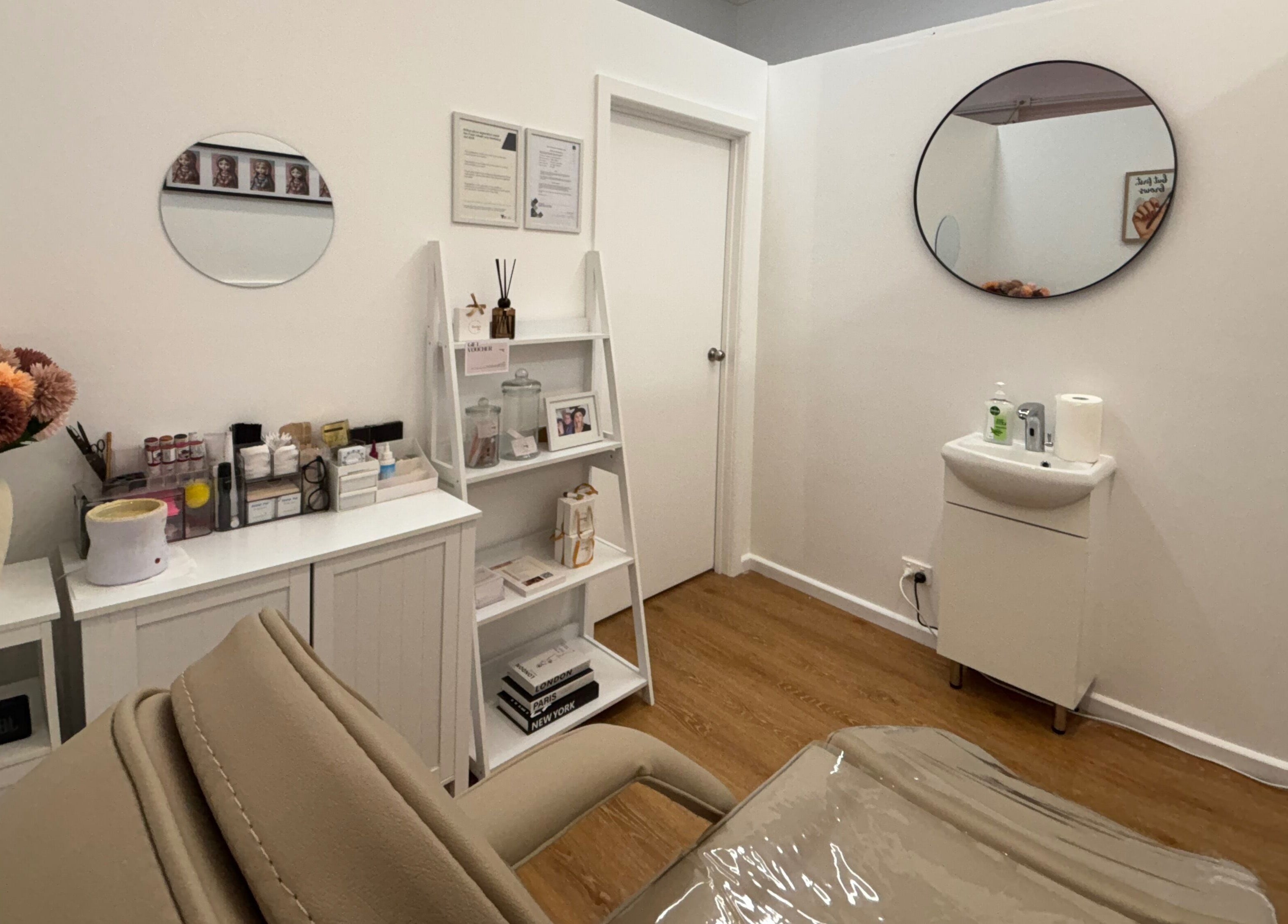 A serene treatment room at The Brow Design Co, Bentleigh East, Victoria, AU with cozy decor and beauty essentials.