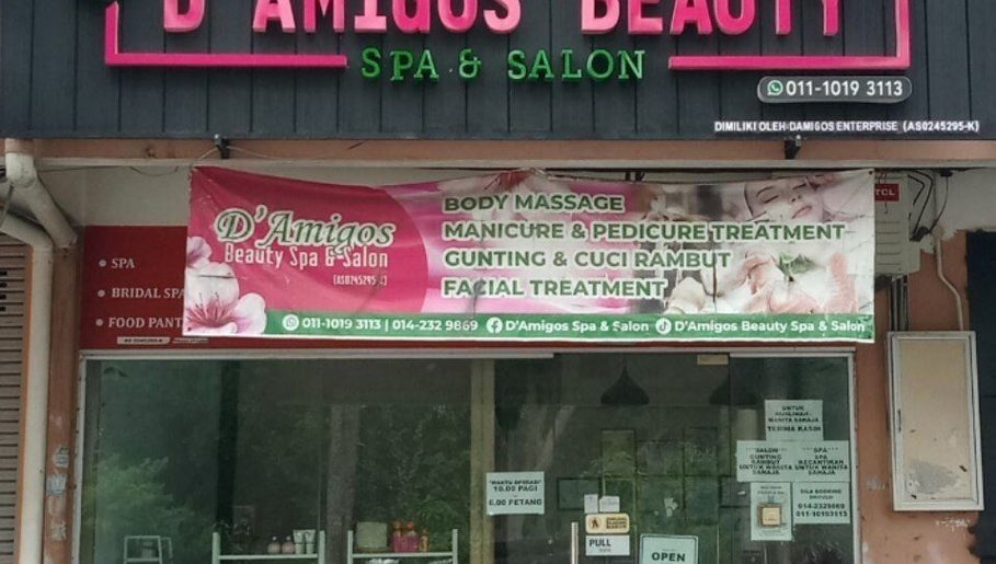 Exterior view of D'Amigos Beauty Spa and Salon Muslimah, Changlun, Kedah, MY, showcasing services banner.