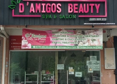 Exterior view of D'Amigos Beauty Spa and Salon Muslimah, Changlun, Kedah, MY, showcasing services banner.