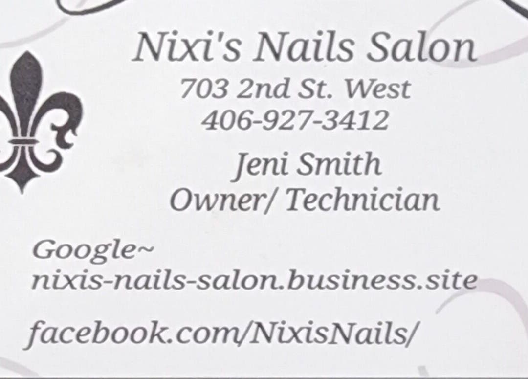 Business card for Nixi's Nails Salon, Roundup, Montana, US with contact details and fleur-de-lis design.
