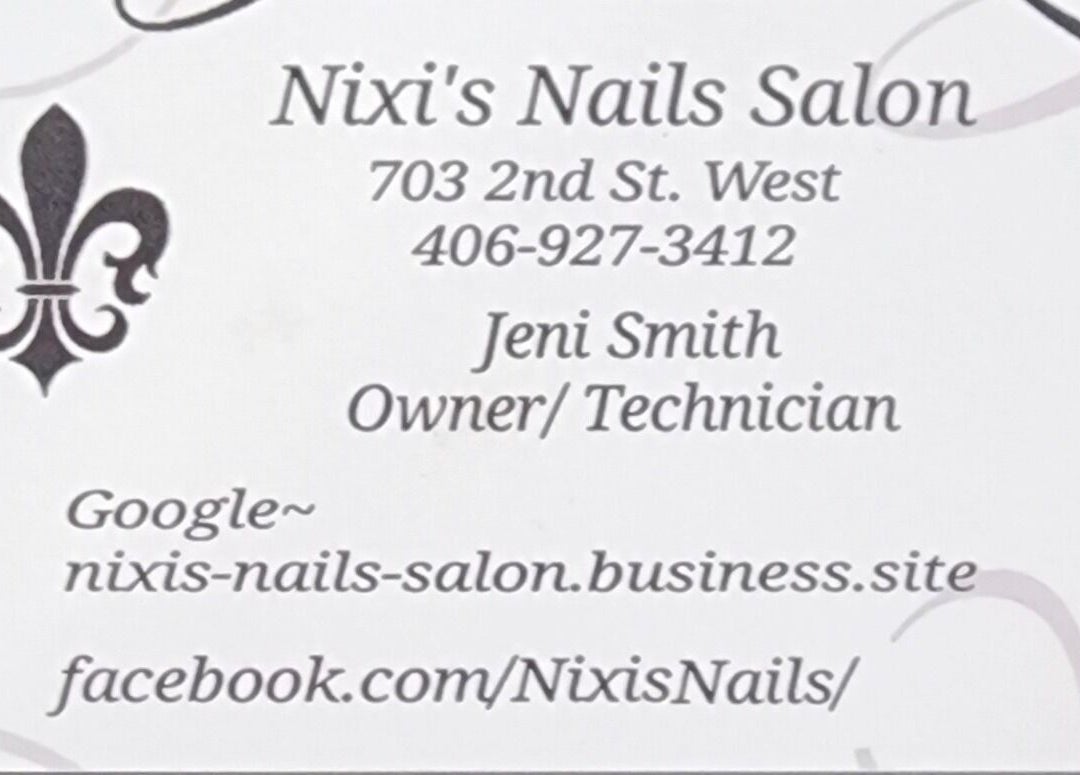 Business card for Nixi's Nails Salon, Roundup, Montana, US with contact details and fleur-de-lis design.