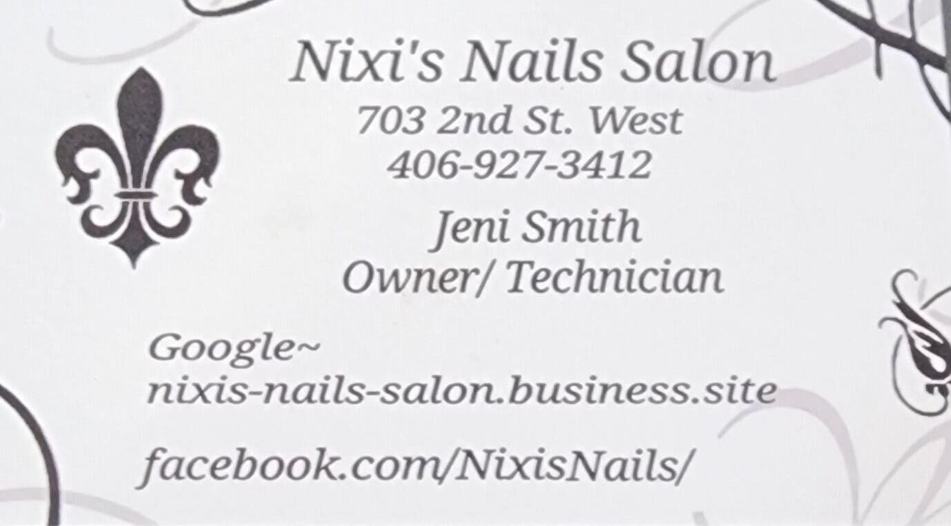 Business card for Nixi's Nails Salon, Roundup, Montana, US with contact details and fleur-de-lis design.