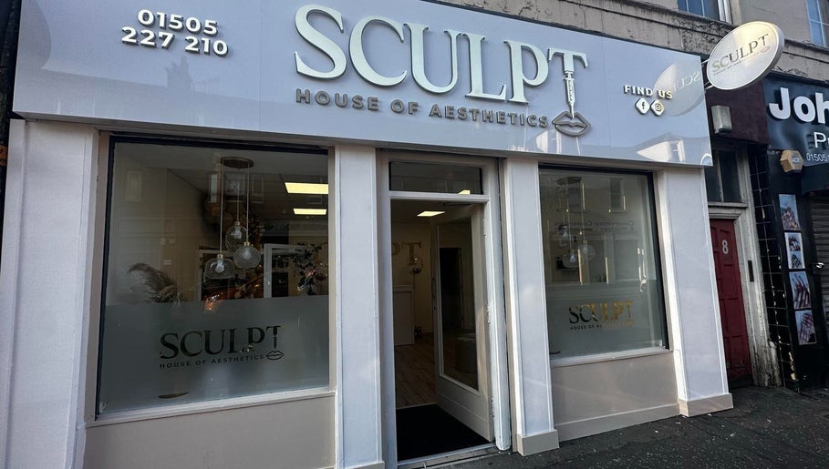 Front view of Sculpt House of Aesthetics in Johnstone, Scotland, GB, showcasing elegant signage and glass windows.