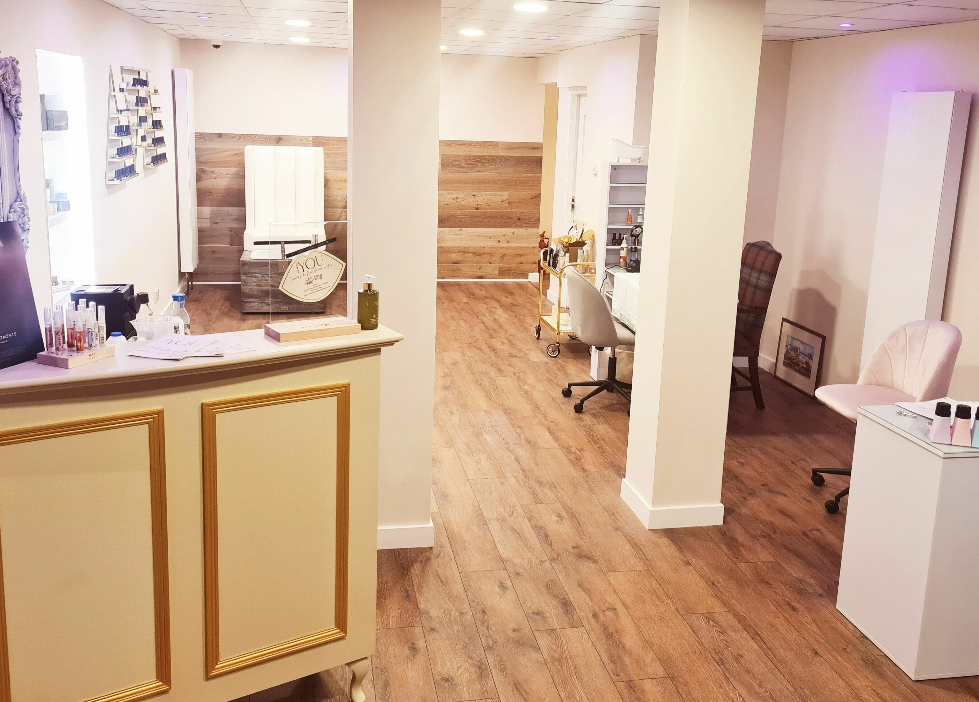 Spacious interior of All About You, Blairgowrie, Scotland, GB showing a modern reception and treatment areas.