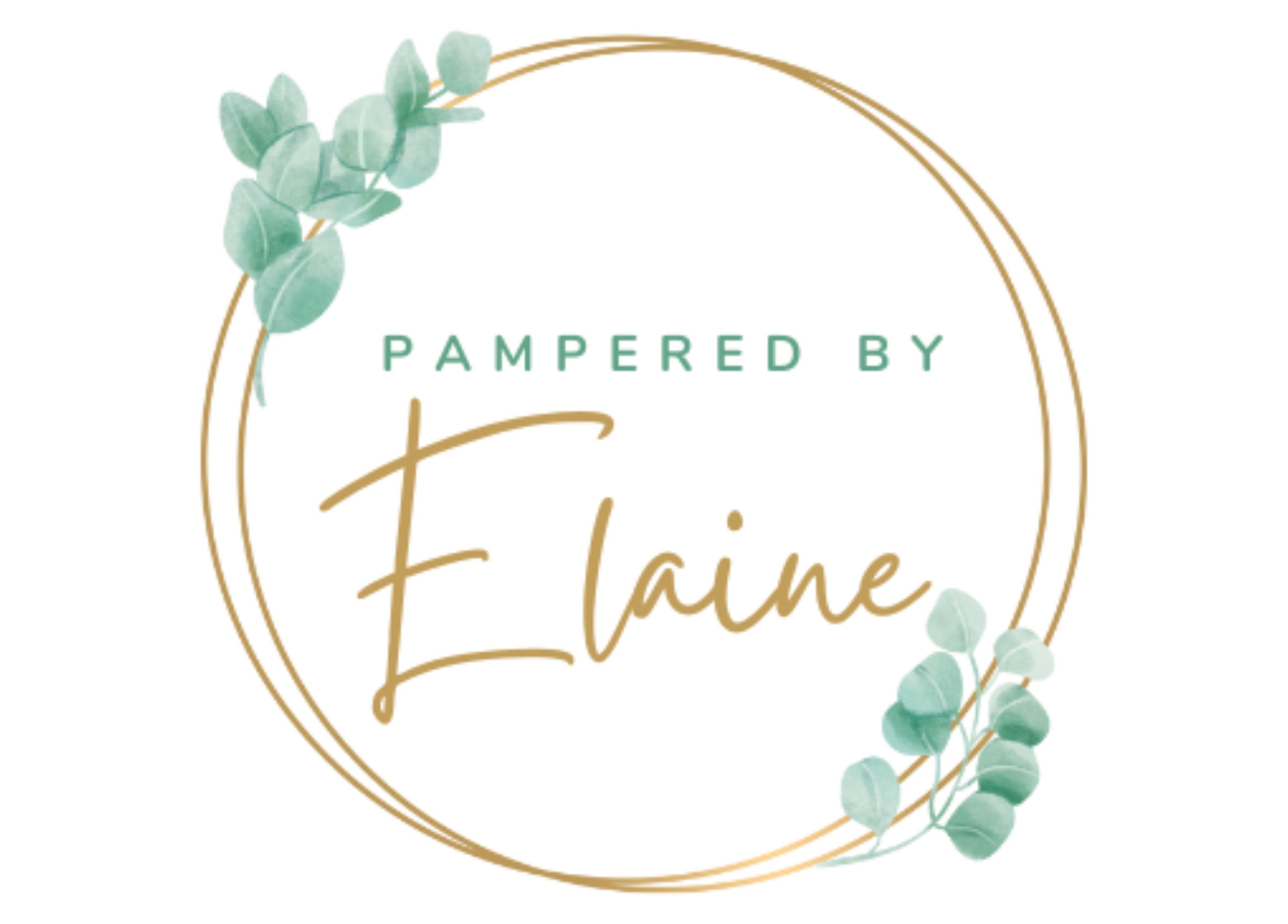 Elegant logo with eucalyptus for Pampered by Elaine, Dunfermline, Scotland, GB.