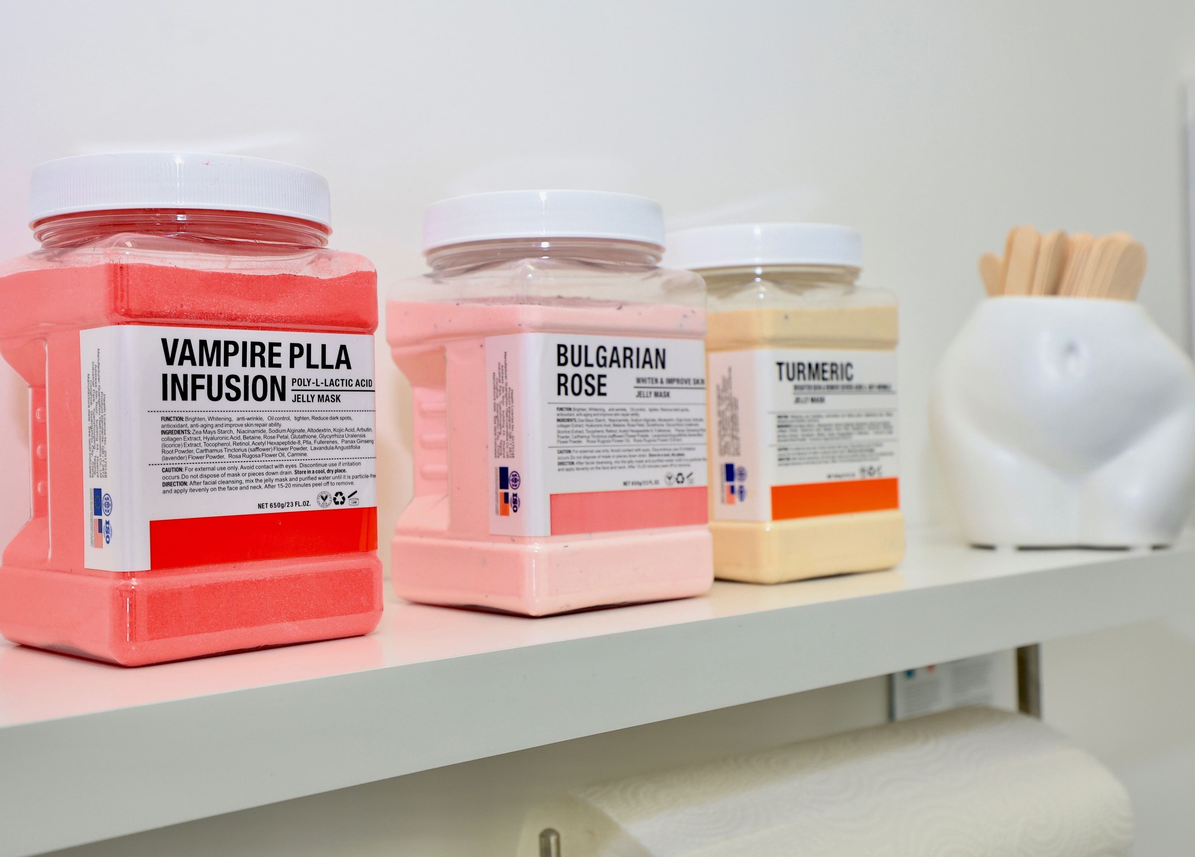 Jelly masks on shelf at Skin From Brazil in Stockbridge, Georgia, US for rejuvenating skin treatment.