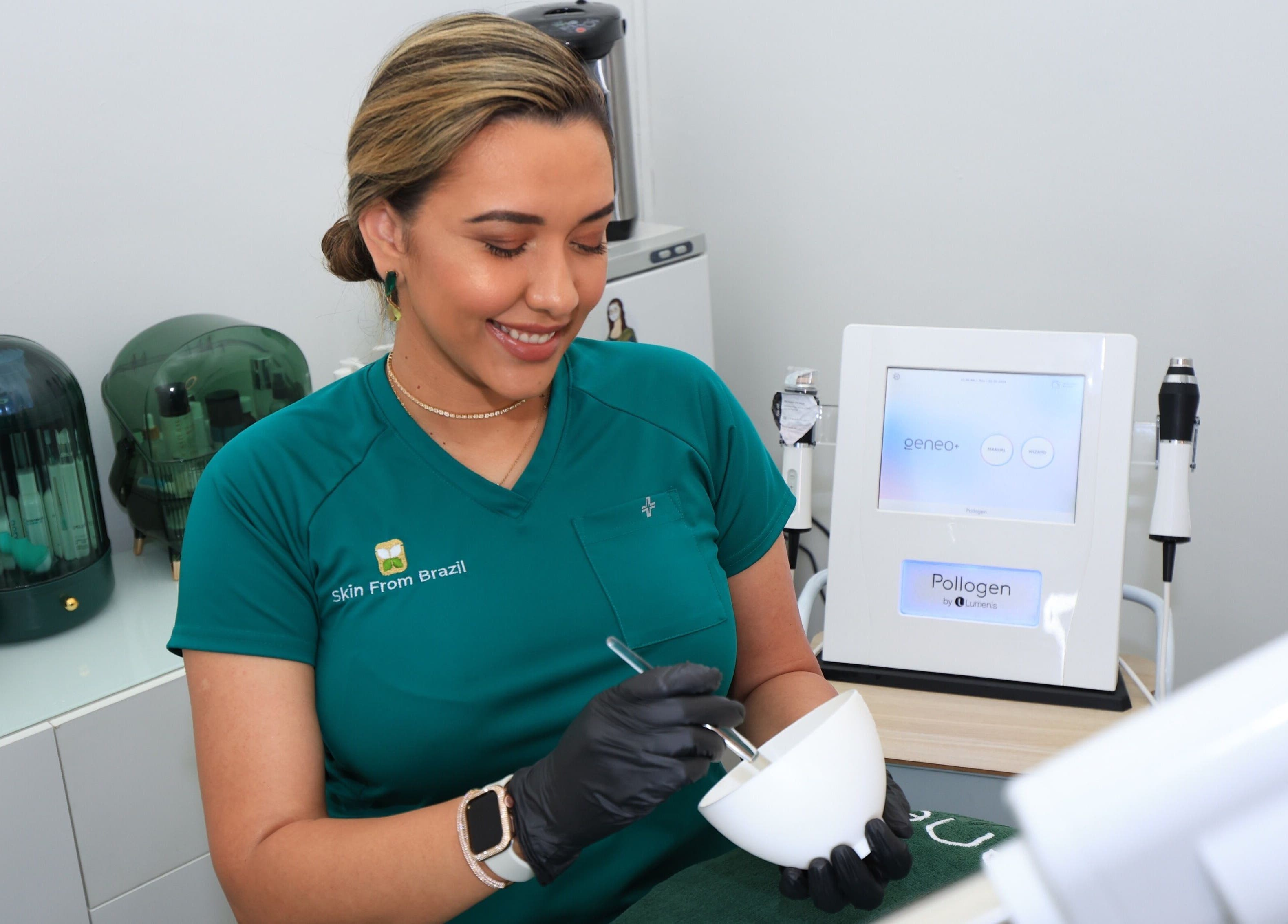 Aesthetician at Skin From Brazil in Stockbridge, Georgia, prepares treatment with modern equipment.
