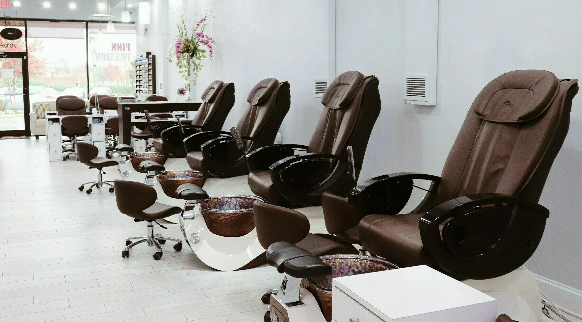 Relaxing spa chairs at Pink Passion Nail Spa Alexandria, located in Alexandria, Virginia, US, inviting serenity.