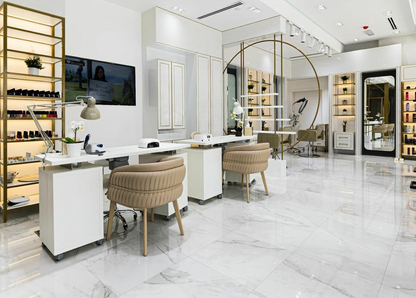 Upscale interior of Cherish Ladies Salon, دبي, دبي, AE, showcasing luxury nail and beauty stations.