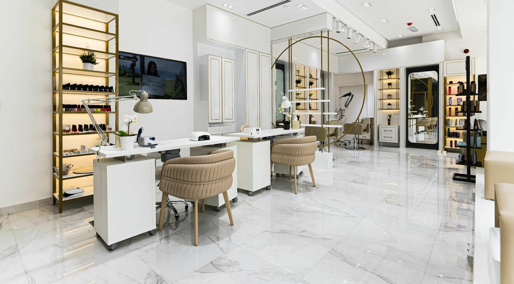 Upscale interior of Cherish Ladies Salon, دبي, دبي, AE, showcasing luxury nail and beauty stations.
