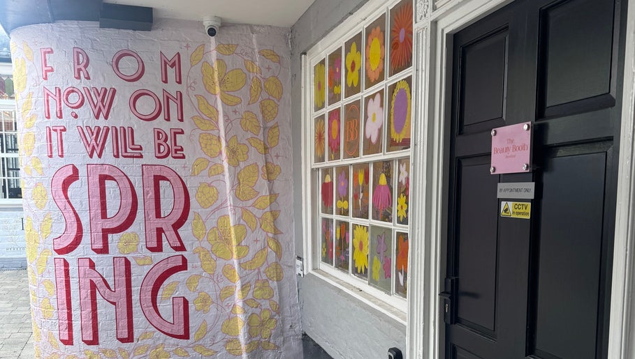 Colorful wall art and entrance door at Sophie Knight Studio, Hereford, England, GB, welcoming spring.