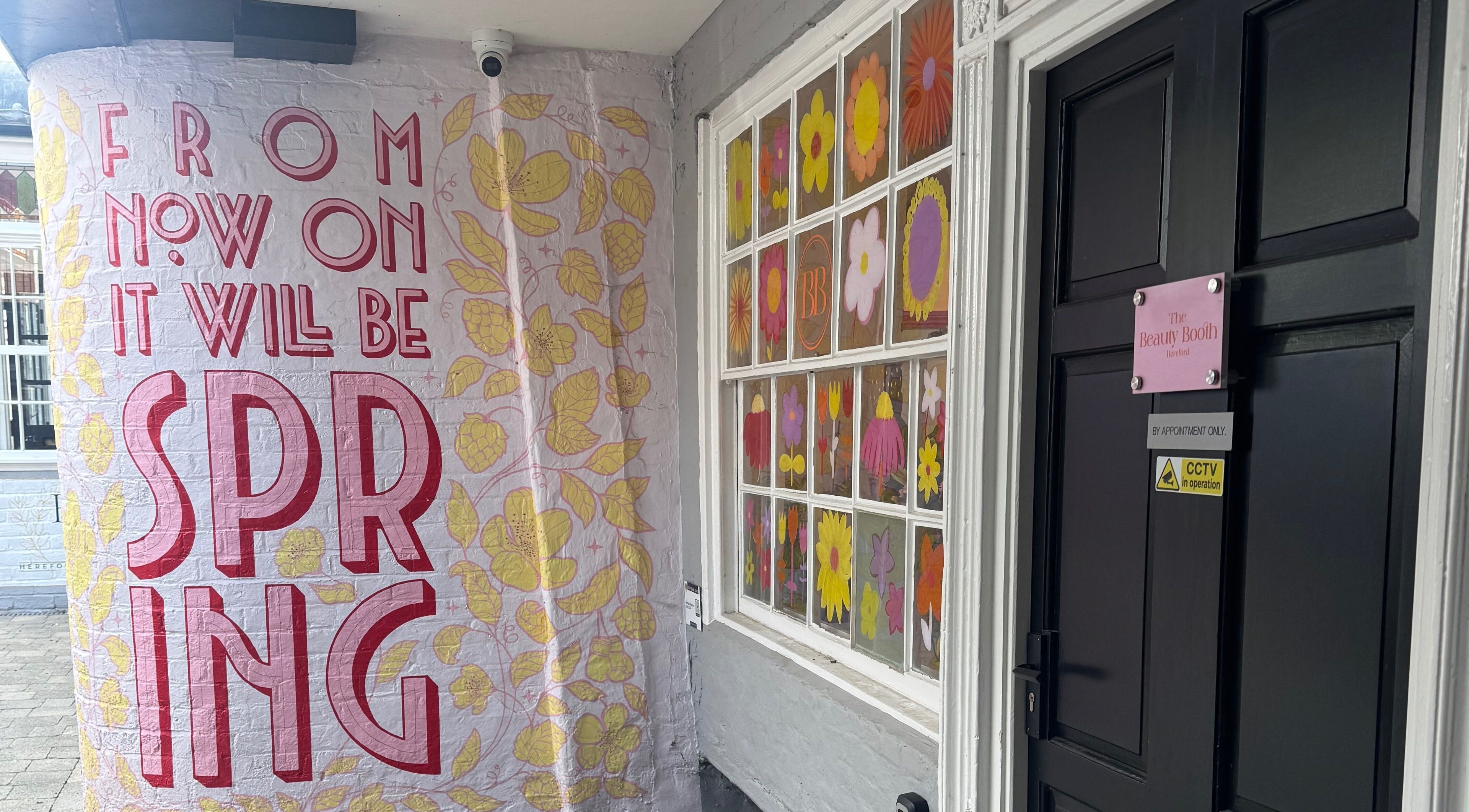 Entrance of Sophie Knight Studio in Hereford, England, GB with colorful floral decor and a spring theme.