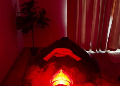 Relaxation session with soothing red light therapy at The Spa Room, Sioux Center, Iowa, US.