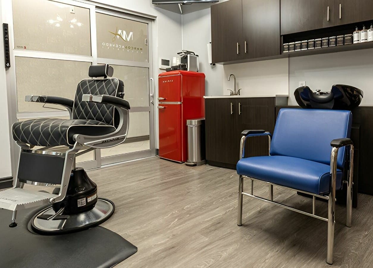 Sophisticated barber chair at Marcos Acevedo Barbering, Somerset, New Jersey, US.