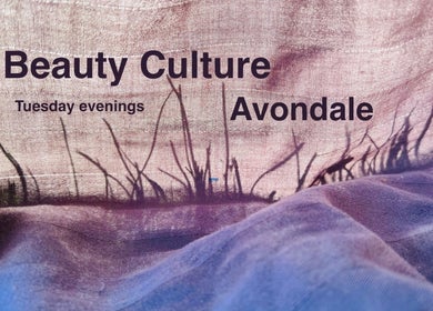 Textured fabric with 'Beauty Culture Avondale' address in Chicago, Illinois, US beautifully displayed.