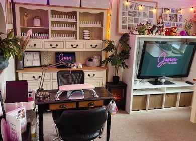 Interior of Jenn Gel Nail Studio in Rowley Regis, England, showcasing cozy and stylish decor.