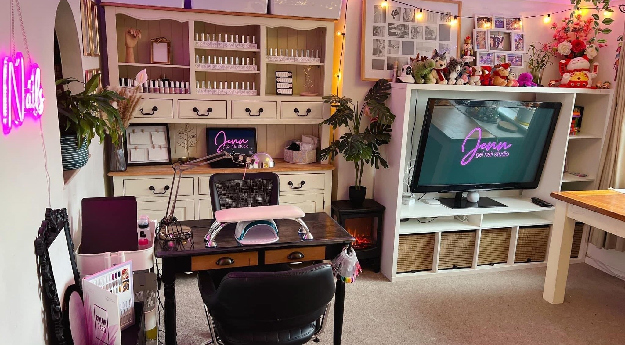 Interior of Jenn Gel Nail Studio in Rowley Regis, England, showcasing cozy and stylish decor.