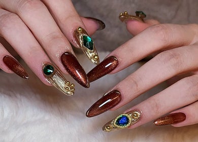 Elegant jewel-accented nail art by Jenn Gel Nail Studio, Rowley Regis, England, GB.