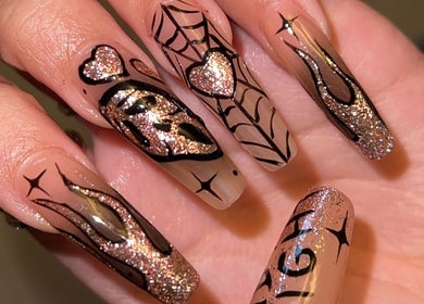 Intricate black and glitter nail art at Jenn Gel Nail Studio, Rowley Regis, England, GB.